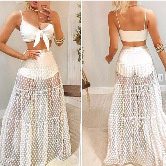 White Sheer Mesh Polka Dot Maxi Skirt Coverup - Picture 4 of 4